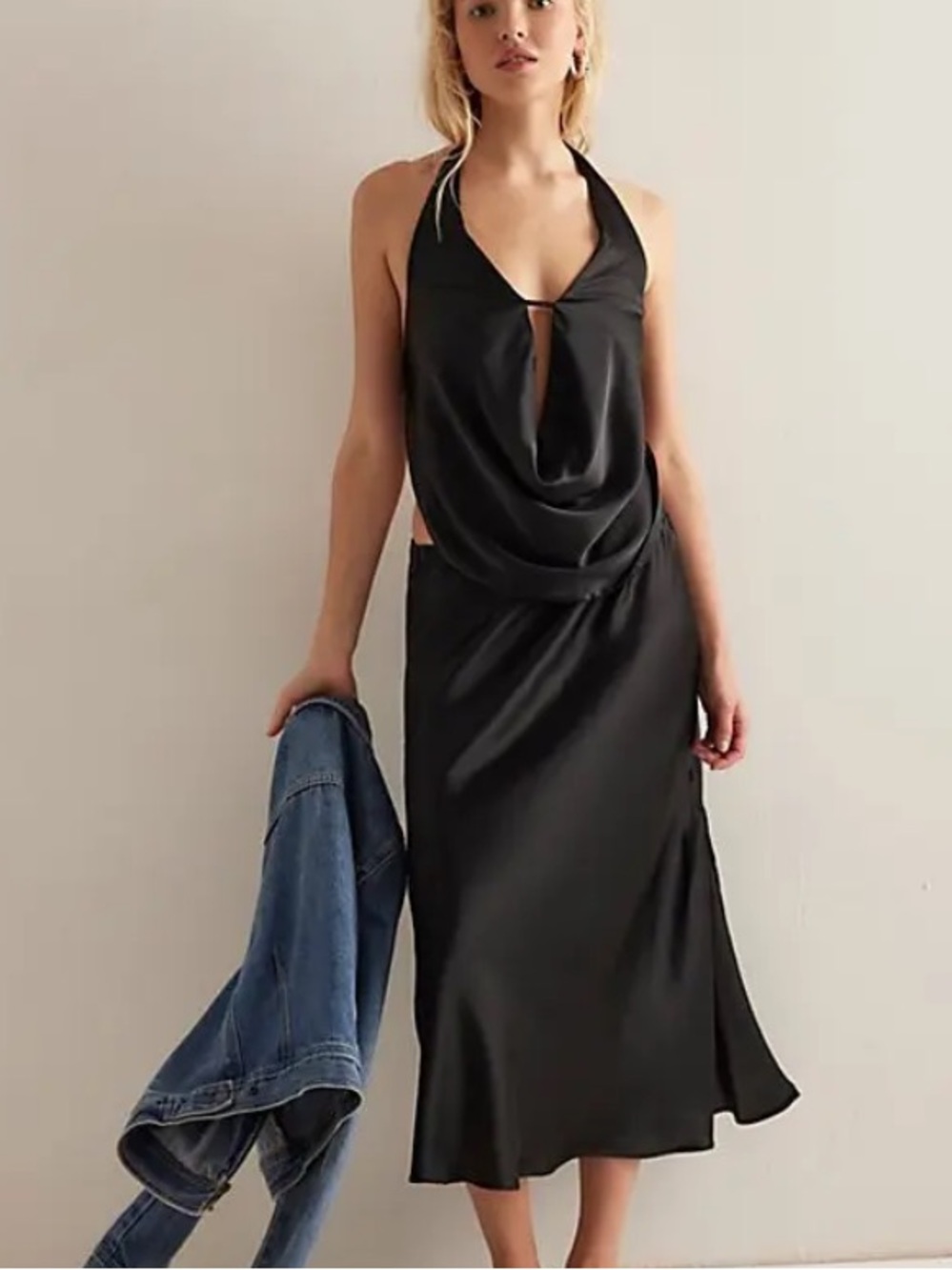 Intimately Free People Midnight Revere Black Satin Set -Halter Top Maxi Skirt